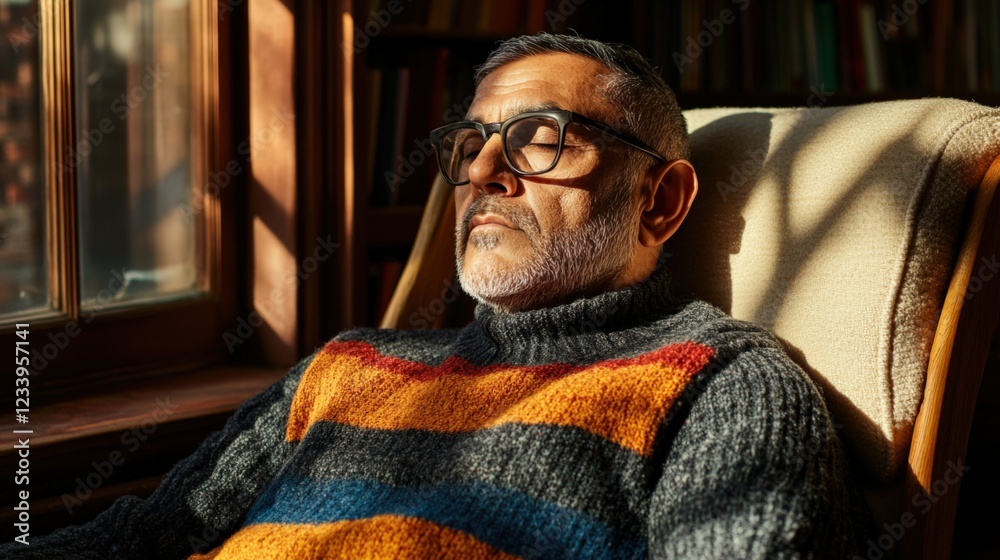 A Reflective Elderly Man Enjoying Peaceful Moments in a Cozy Reading Nook with Warm Natural Light Illuminating the Room A Reflective Elderly Man Enjoying Peaceful Moments in a Cozy Reading Nook with Warm Natural Light Illuminating the Room