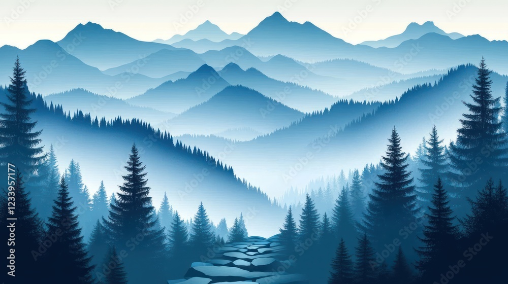 Obraz premium Misty mountain path, forest, serene landscape, travel poster