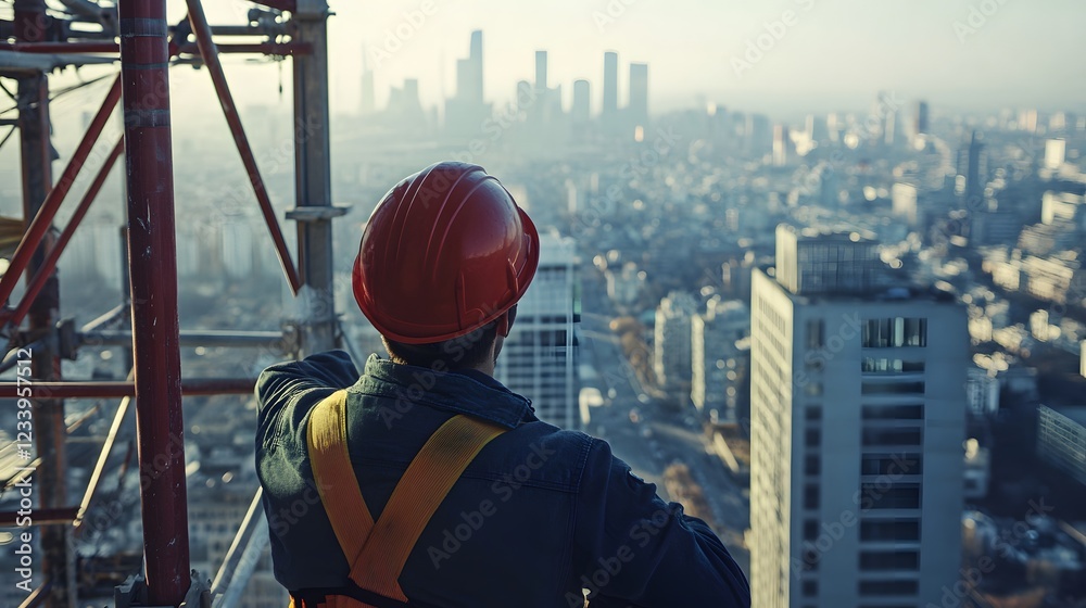 A construction worker works on a high platform A construction worker works on a high platform