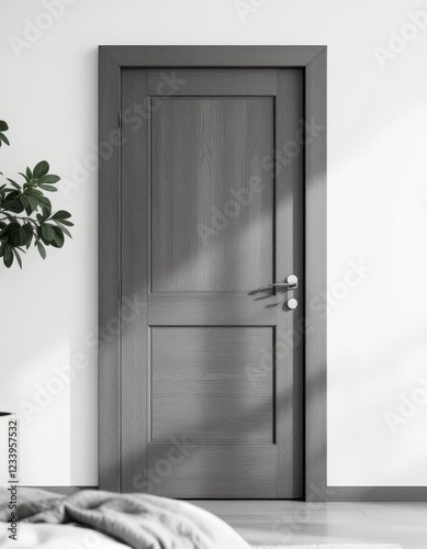 A meticulously crafted grey wooden door stands elegantly against a bright white wall