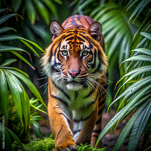 Majestic tiger in lush jungle.