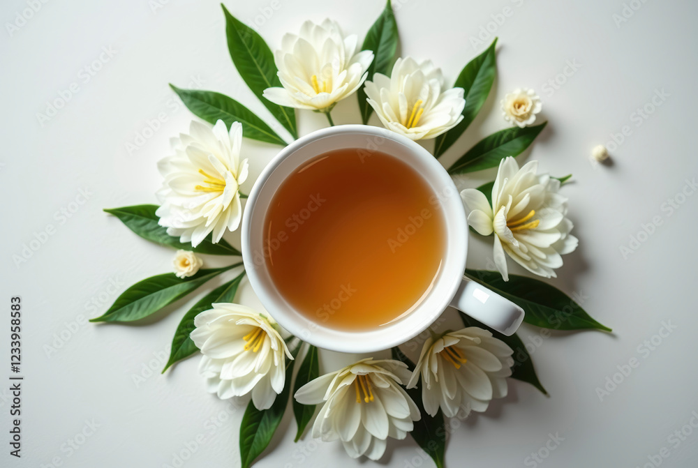 A cup of tea surrounded by white flowers on a white background A cup of tea surrounded by white flowers on a white background