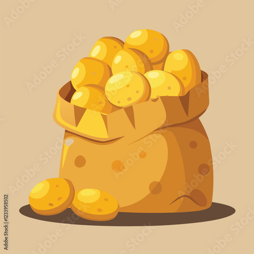 Potato tubers, vector illustration. Farm potatoes in a burlap sack, bunch. Harvested root crops isolated on white