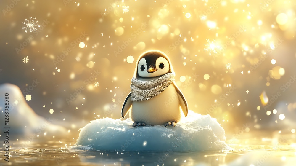 Baby penguin on ice in snow and golden bokeh Baby penguin on ice in snow and golden bokeh