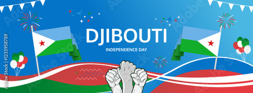 Djibouti Independence Day modern greeting banner. 27 June Happy National Day. Holidays abstract concept in flag colors. Great for event like carnival, feast poster, support, culture and tourism photo