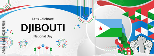 Djibouti Independence Day modern greeting banner. 27 June Happy National Day. Holidays abstract concept in flag colors. Great for event like carnival, feast poster, support, culture and tourism photo