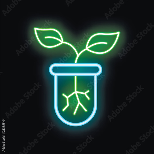 Glowing neon icon of plant growing in test tube representing biotechnology