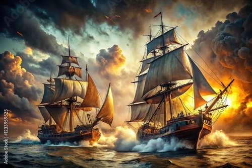Wallpaper Mural Massive pirate ships clash in a fiery, vintage sea battle. Torontodigital.ca