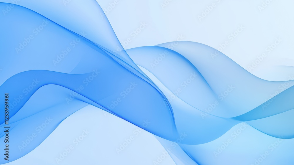 Fototapeta premium Abstract blue transparent waves with smooth curves and soft shadows on a clean, modern background. The design features fluid gradient motion of dynamic lines on a minimal backdrop.