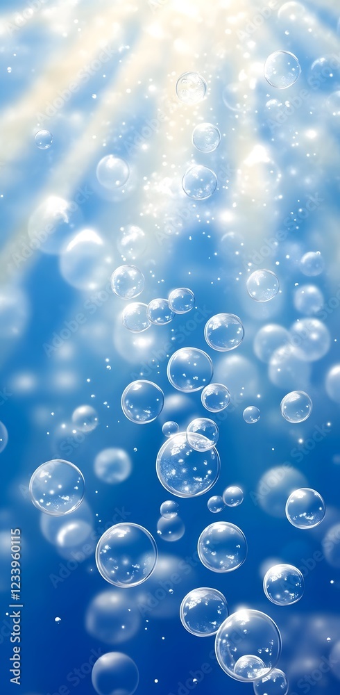 Floating Bubbles in Radiant Blue Sky with Shimmering Light Rays Floating Bubbles in Radiant Blue Sky with Shimmering Light Rays