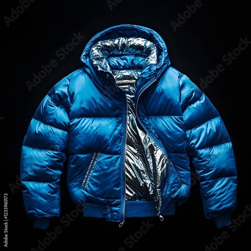 Sleek Blue Down Jacket with Silver Lining on Black Background