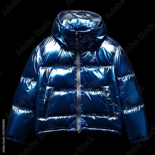 Blue Sports Down Jacket with Silver Lining on Black Background