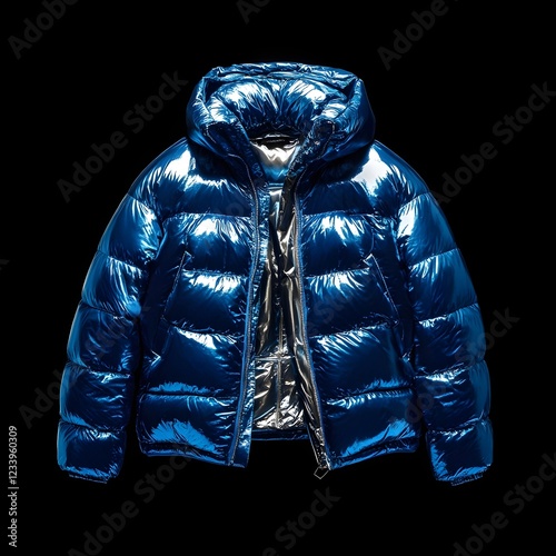 Blue Down Jacket with Silver Lining on Black Background