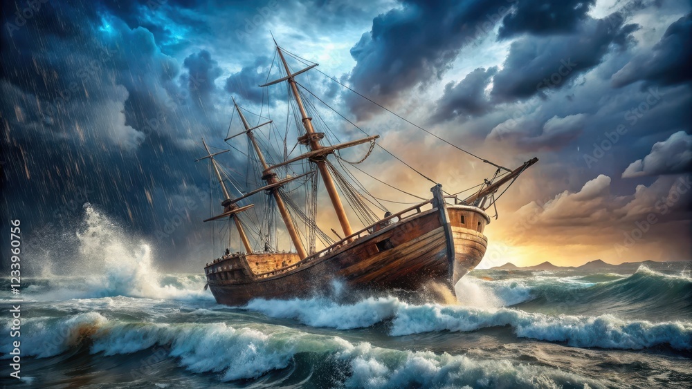 Weathered wooden hull of an ancient sailing vessel battered by torrential rain and howling thunderstorm, with waves crashing against the ship's worn deck, ocean storm, nautical Weathered wooden hull of an ancient sailing vessel battered by torrential rain and howling thunderstorm, with waves crashing against the ship's worn deck, ocean storm, nautical