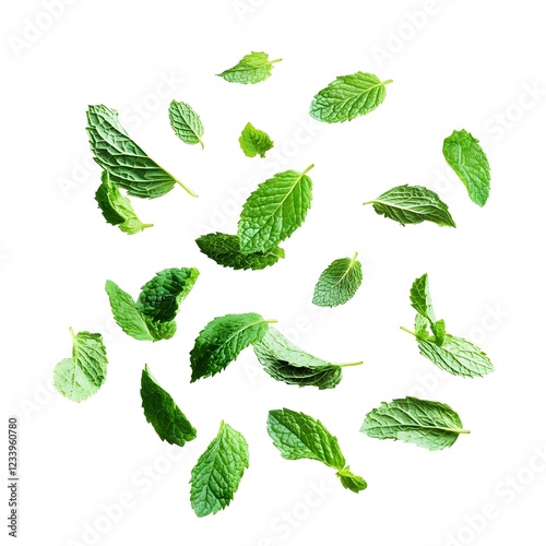 Floating Mint Leaves on White Background with Copy Space
