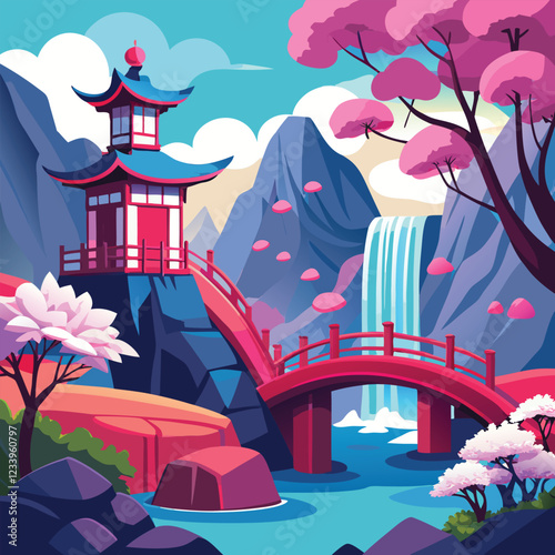 Chinese temple in the park with a cheery blossom landscape illustration  