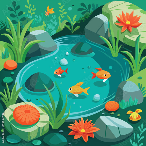fish in the pond, swimming in a garden pond, and Serene outdoor fish pond with decorative rocks and plants. garden aquatic theme vector illustration
