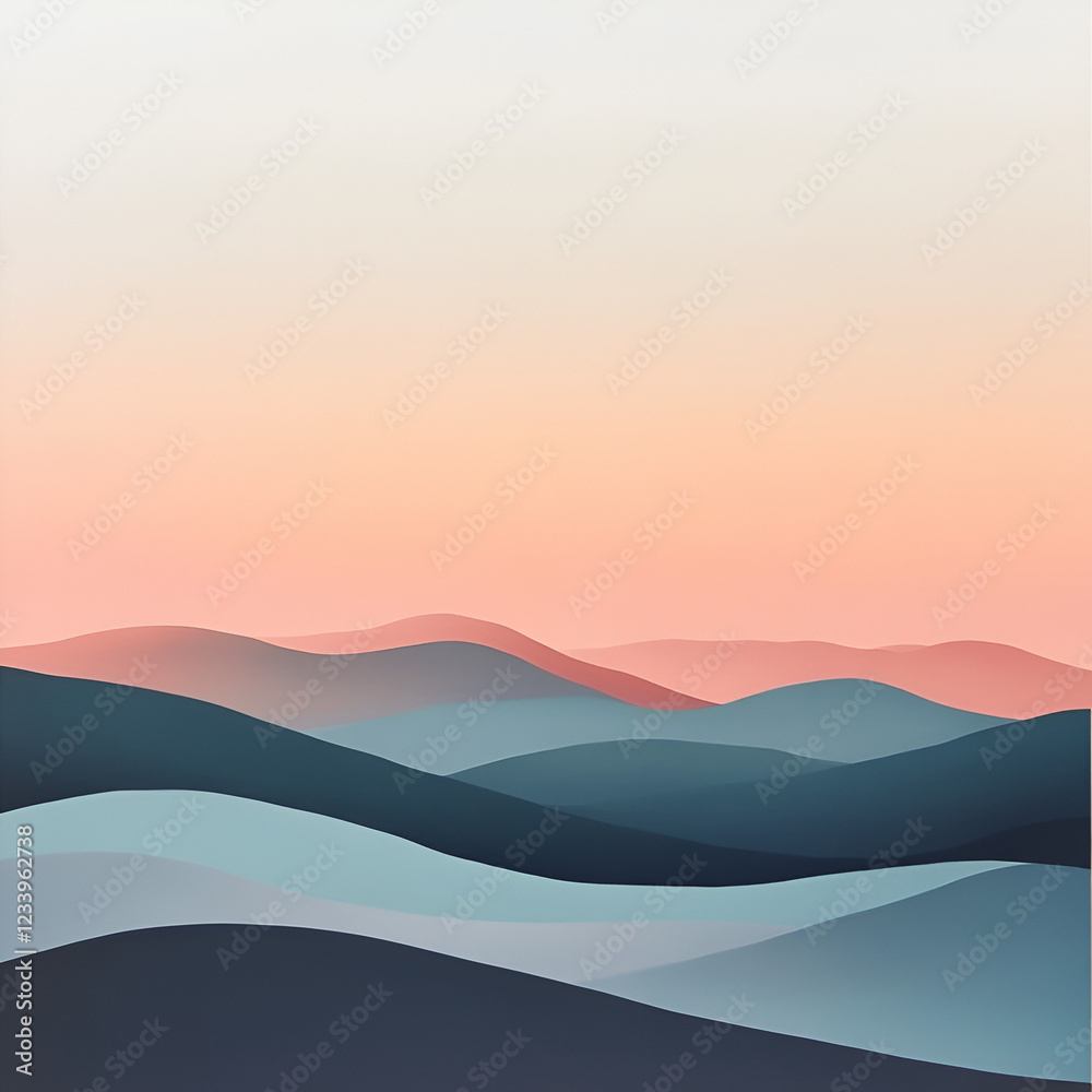 Serene Mountain Layers: Capturing the essence of tranquility, this minimalist landscape presents rolling mountain ranges in soft shades of blue, orange, and beige, conveying a sense of peace. Serene Mountain Layers: Capturing the essence of tranquility, this minimalist landscape presents rolling mountain ranges in soft shades of blue, orange, and beige, conveying a sense of peace.