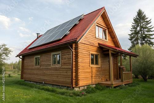 Wallpaper Mural Sustainable Housing, A charming wooden house with a red roof and solar panels, surrounded by greenery under a clear sky. Torontodigital.ca