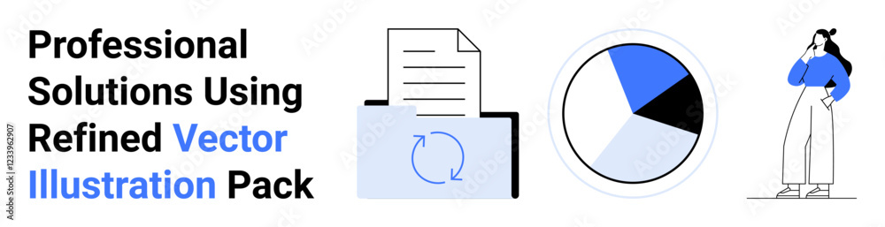 Document with arrows, pie chart, standing woman analyzing data. Ideal for business, marketing, analytics, strategy, teamwork, technology concepts flat landing page banner Document with arrows, pie chart, standing woman analyzing data. Ideal for business, marketing, analytics, strategy, teamwork, technology concepts flat landing page banner