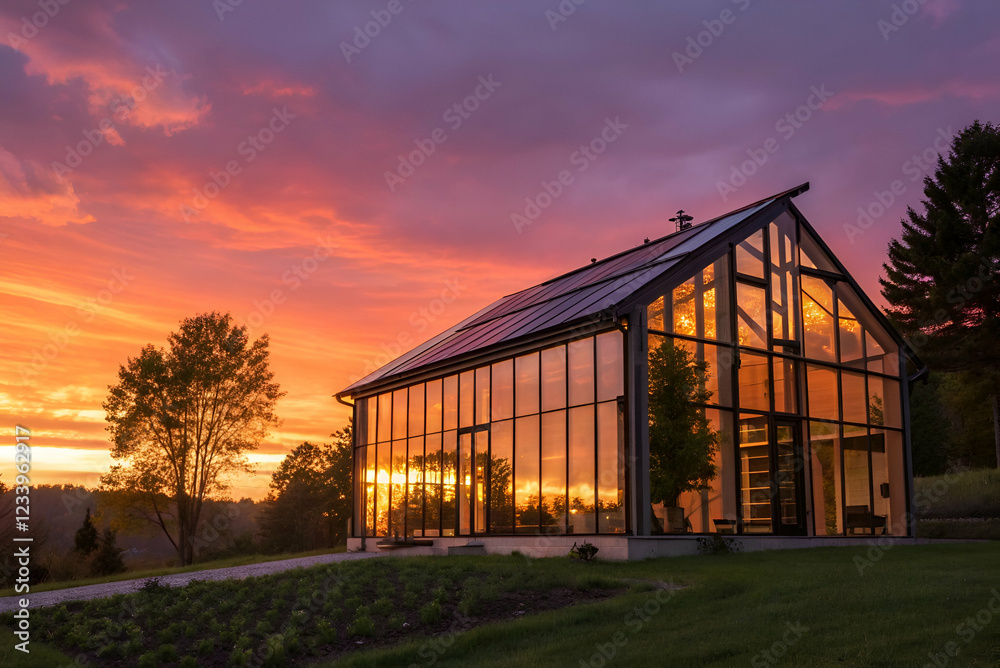 Obraz premium Sustainable Housing, A modern glass house bathed in vibrant sunset colors, surrounded by greenery and trees, showcasing contemporary architecture against a picturesque sky.