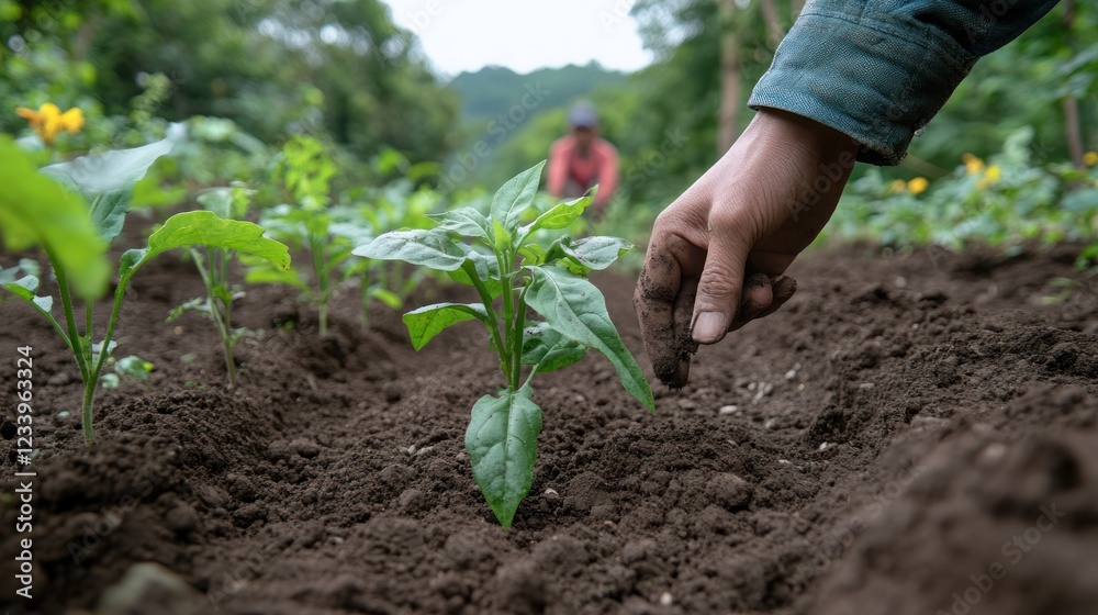 Farmer planting pepper seedlings in rural field Farmer planting pepper seedlings in rural field