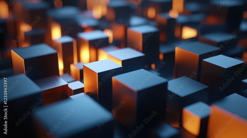 Fototapeta premium An abstract 3D render featuring geometric blocks on a dark background.