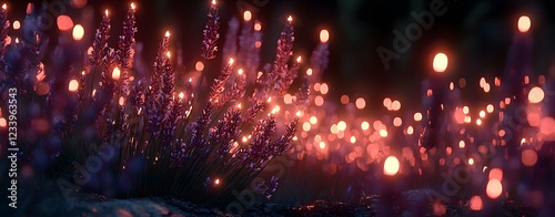 Glowing Lavender Field Under Magical Nighttime Lights and Sparkles