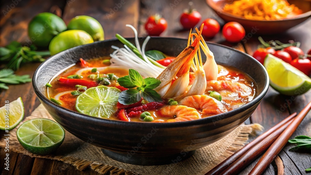 Spicy Tom Yum noodle closeup: a fiery Asian delight. Spicy Tom Yum noodle closeup: a fiery Asian delight.