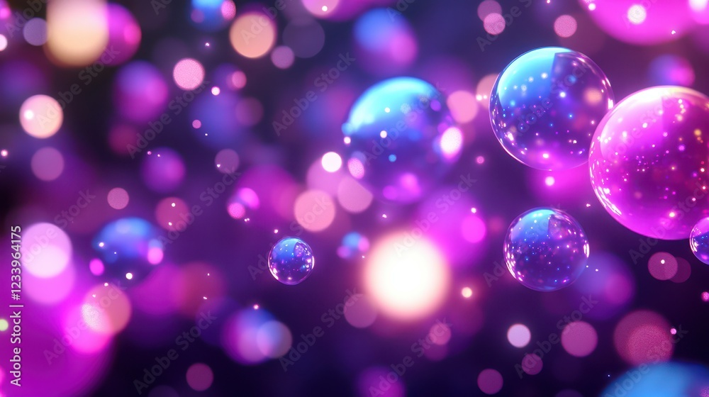 An abstract background featuring dynamic motion with glowing, floating, and falling spheres in shades of purple, pink, and blue.