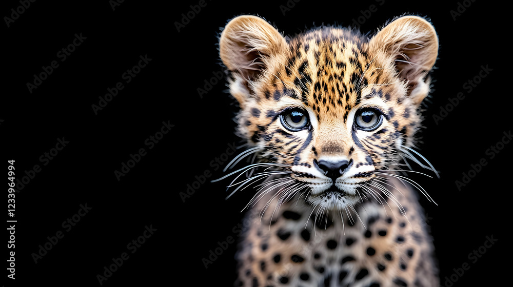 Obraz premium Adorable leopard cub portrait, dark background, wildlife conservation
