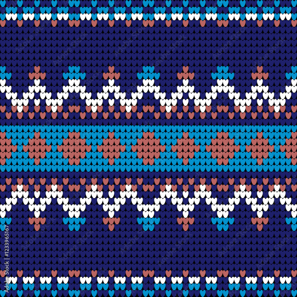 Seamless triangle knitted pattern. Knitting pattern vector illustration. Blue and orange colors. Cotton sweaters, cotton jumpers, carpets, and rugs.
Seamless triangle knitted pattern. Knitting pattern vector illustration. Blue and orange colors. Cotton sweaters, cotton jumpers, carpets, and rugs.