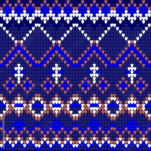 Seamless rhombus knitted pattern. Knitting pattern vector illustration. Blue and orange colors. Cotton sweaters, cotton jumpers, carpets, and rugs.
