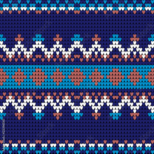 Seamless triangle knitted pattern. Knitting pattern vector illustration. Blue and orange colors. Cotton sweaters, cotton jumpers, carpets, and rugs.
