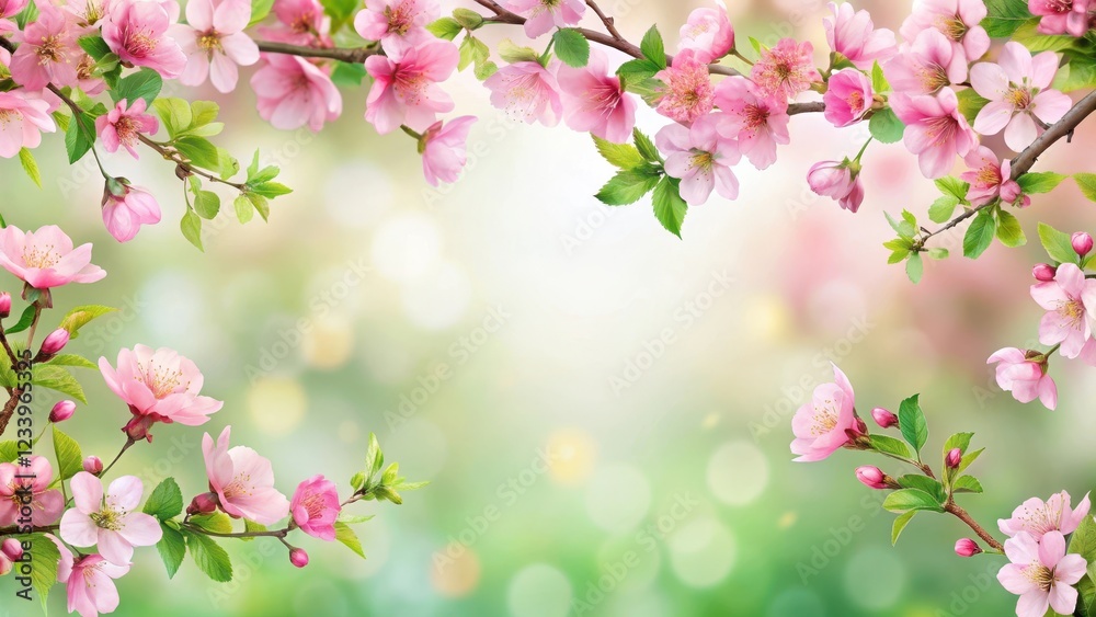 Spring-inspired art border with vibrant pink blossoms and delicate green leaves on a soft white background , spring art border, pink blossom