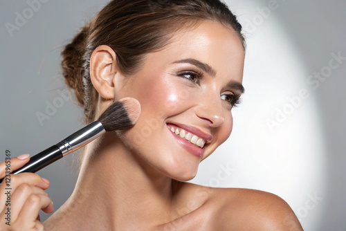 A beautiful woman with a smiling face is using a makeup brush. Doing her own makeup, close-up photo