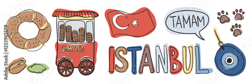 A collection of Istanbul icons, including a simit cart, Turkish flag, and street signs. A colorful illustration celebrating Turkish heritage, food, and urban culture.