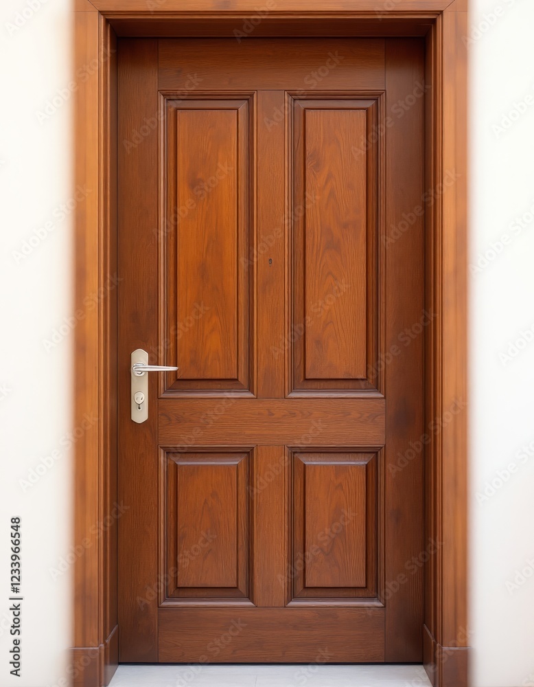 Elegant four-panelled wooden doorway with sleek handle and soft light ambiance Elegant four-panelled wooden doorway with sleek handle and soft light ambiance