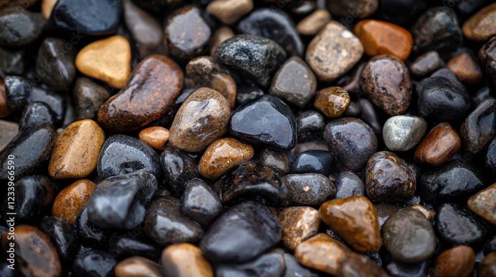 Smooth river stones in various colors and textures, wet and shiny Smooth river stones in various colors and textures, wet and shiny