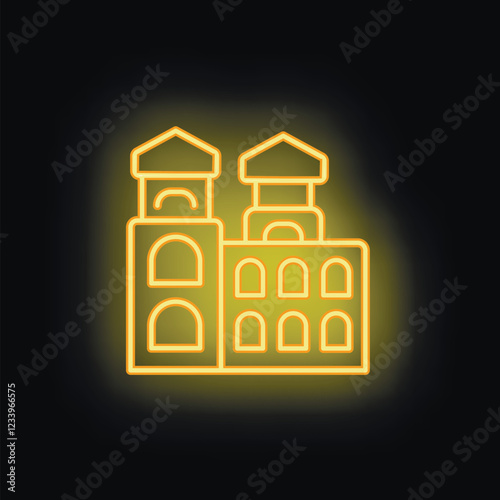 Yellow neon sign representing a building with arches and towers, evoking a sense of history and architecture