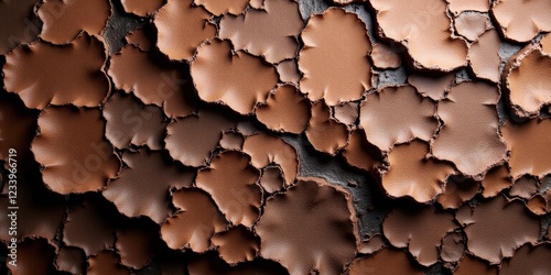 Rich brown leather texture, intricately woven with natural cracks and crevices, revealing its layered depth and rugged elegance in a captivating close-up view photo