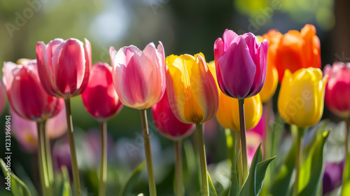 Fresh tulips and heart with text HELLO MARCH on color background