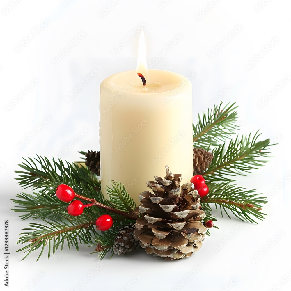 Elegant White Candle Surrounded by Pine Cones and Greenery Elegant White Candle Surrounded by Pine Cones and Greenery