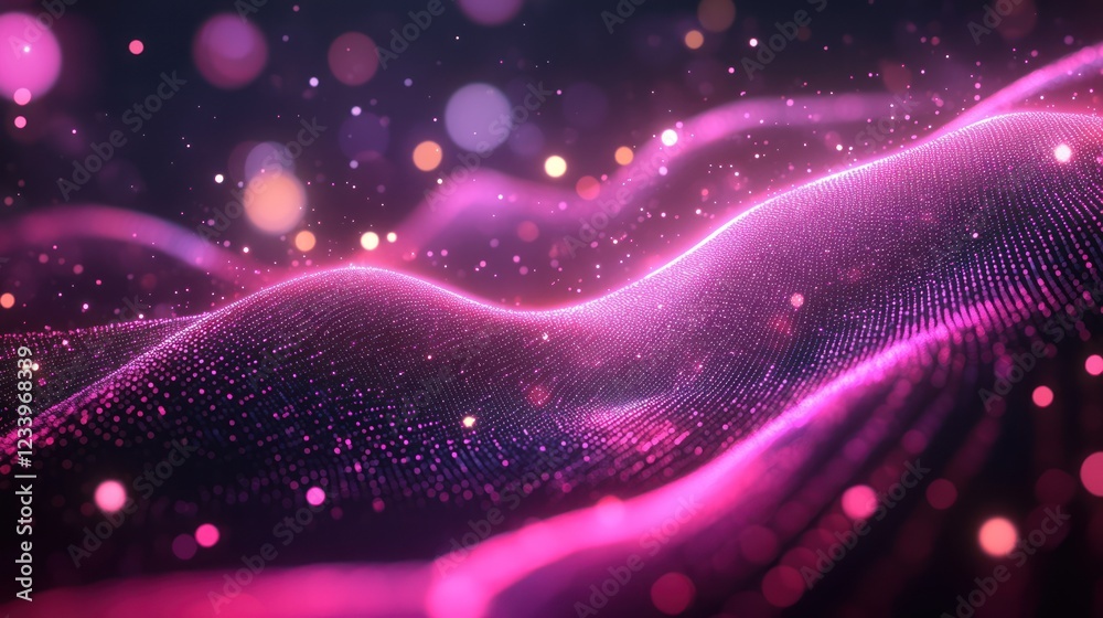 Fototapeta premium Pink particle wave flowing, dark background, bokeh, digital art, website banner