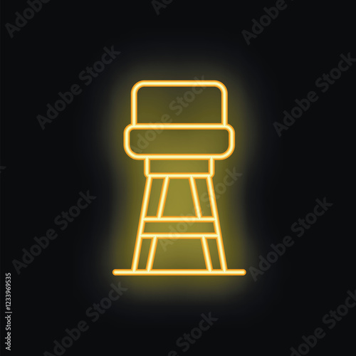 Bright yellow neon sign of a bar stool glowing on a black background