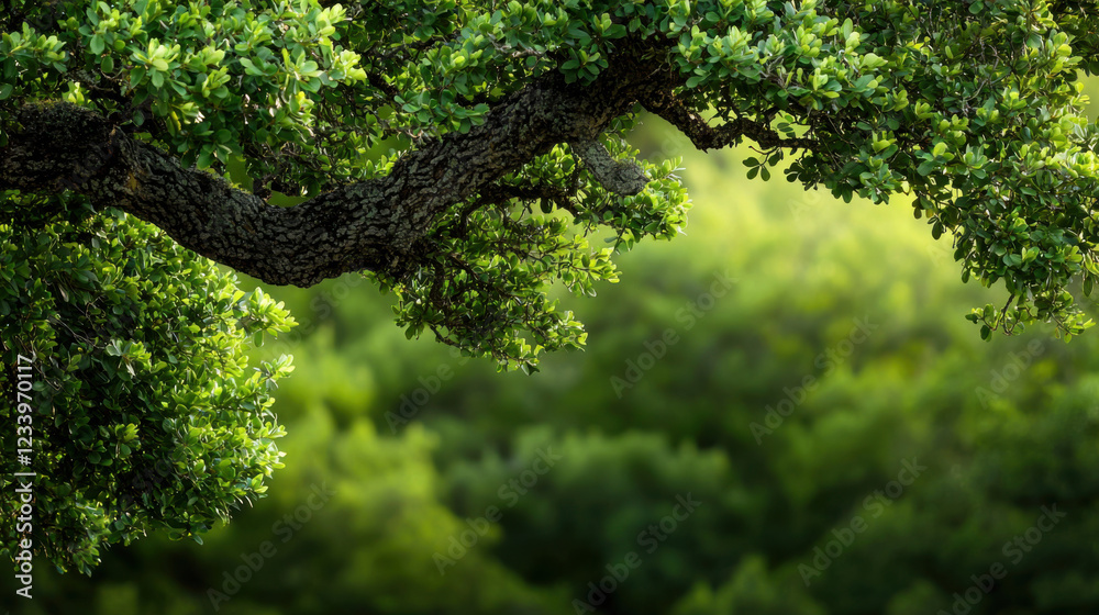 Fototapeta premium Lush green tree branches with vibrant leaves against blurred background