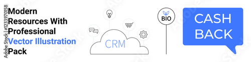 Cloud CRM with gear, shopping cart, and lightbulb, bio label, cashback text bubble. Ideal for SaaS, finance, e-commerce, startups tech innovations cashback incentives flat landing page banner