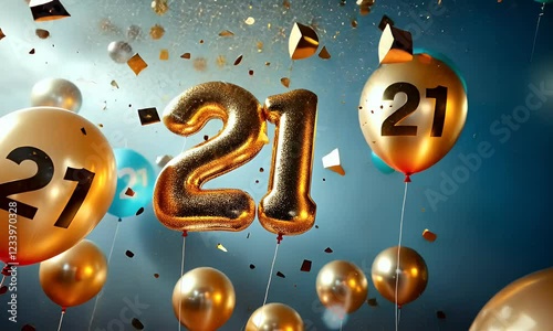 Gold number twenty-one balloons amidst confetti and balloons.