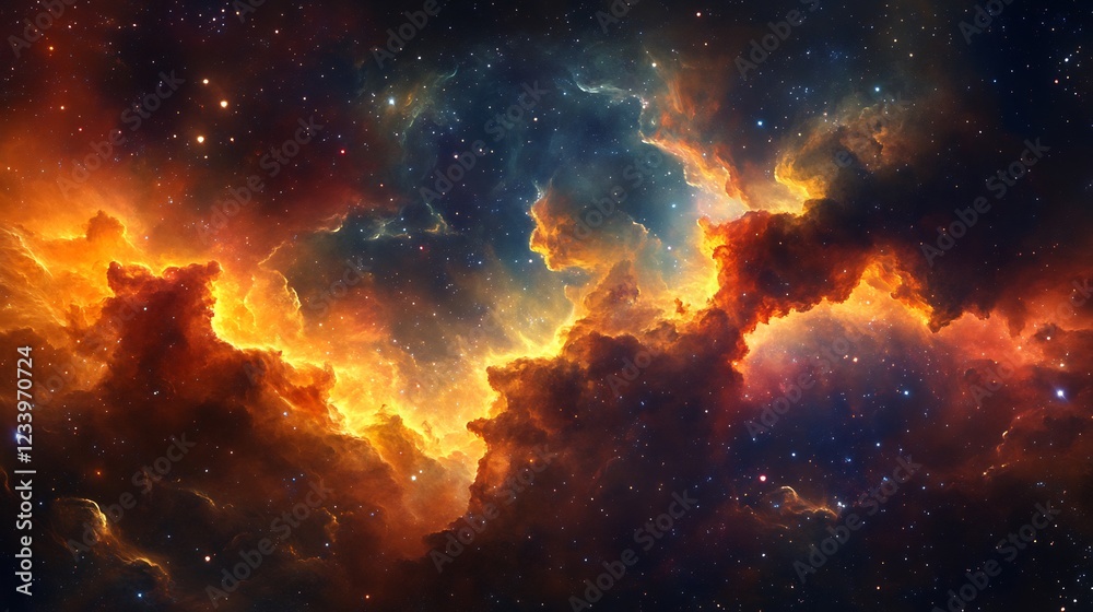 Naklejka premium Fiery Nebula Swirls Vividly Across Dark Space. AI Generated