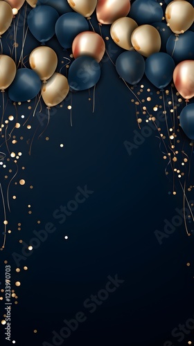Elegant Navy Blue and Gold Balloons Festive Background with Confetti